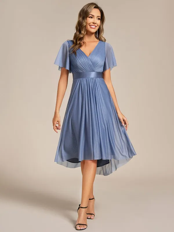 ever SOL|Short Sleeve V-Neck Pleated Glitter Midi Wedding Guest Dress sold by Ever Pretty
