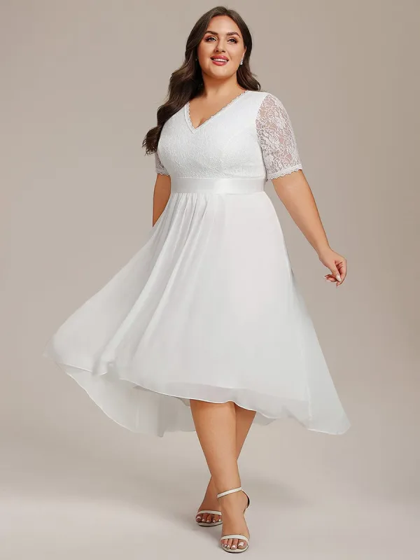 pretty JOLEN|Plus Size Half Sleeve Lace Pleated V-Neck Midi Wedding Guest Dress sold by Ever Pretty