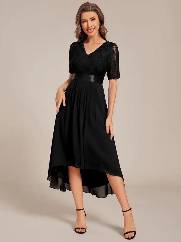 ever JOLEN|Half Sleeve Pleated V-Neck Lace Midi Wedding Guest Dress sold by Ever Pretty