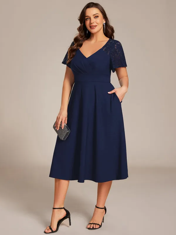 pretty EVIE|Plus Size A-Line Pleated Midi Wedding Guest Dress with Pockets sold by Ever Pretty