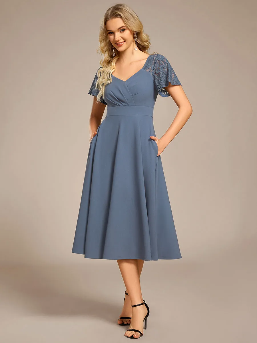 ever EVIE|Short Sleeves A-Line Midi Wedding Guest Dress with Pockets sold by Ever Pretty product image thumbnail 5