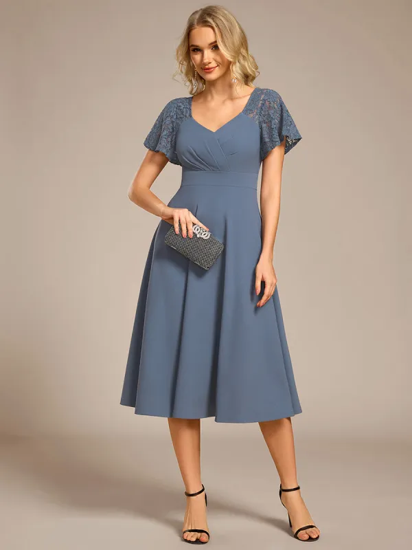 ever EVIE|Short Sleeves A-Line Midi Wedding Guest Dress with Pockets sold by Ever Pretty