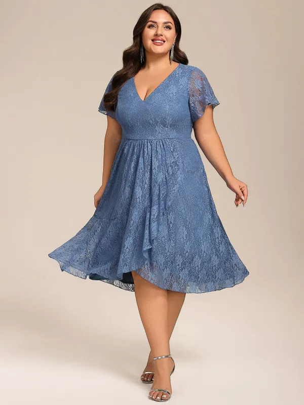 pretty PALOMA|Plus Size Short Sleeves V-Neck A-Line Lace Midi Wedding Guest Dress sold by Ever Pretty