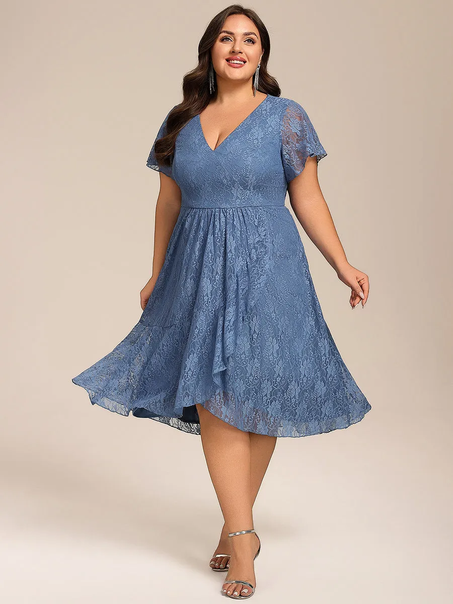 pretty PALOMA|Plus Size Short Sleeves V-Neck A-Line Lace Midi Wedding Guest Dress sold by Ever Pretty