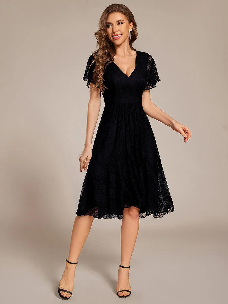 ever PALOMA|Ruffled Short Sleeves V-Neck A-Line Midi Wedding Guest Dress sold by Ever Pretty