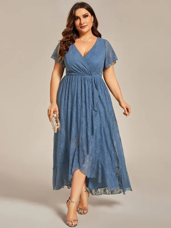 pretty ELISE|Plus Size Short Sleeve Ruffled V-Neck A-Line Lace Wedding Guest Dress sold by Ever Pretty