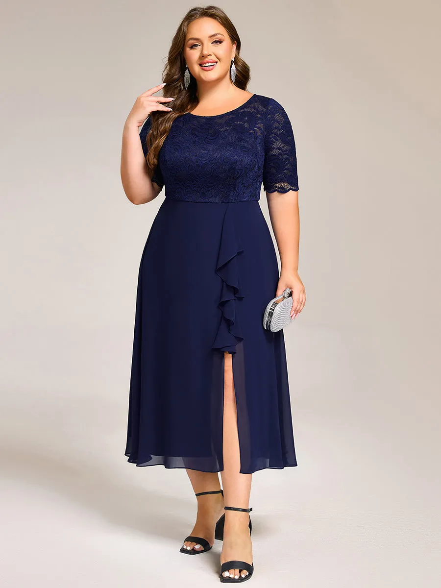pretty NYLA|Plus Size Lace Top Short Sleeve A-Line Split Round Neck Formal Dress sold by Ever Pretty product image thumbnail 4