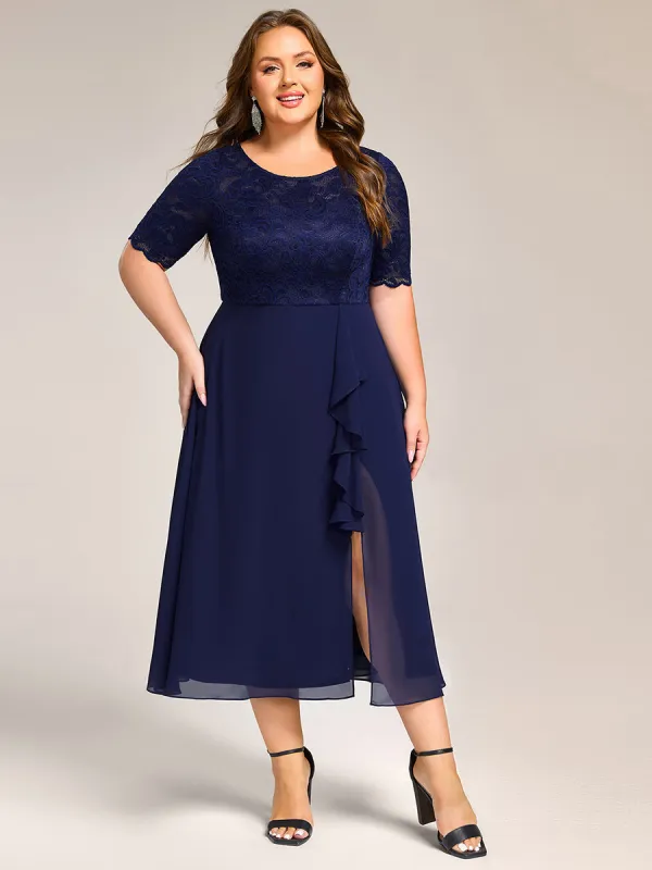 pretty NYLA|Plus Size Lace Top Short Sleeve A-Line Split Round Neck Formal Dress sold by Ever Pretty