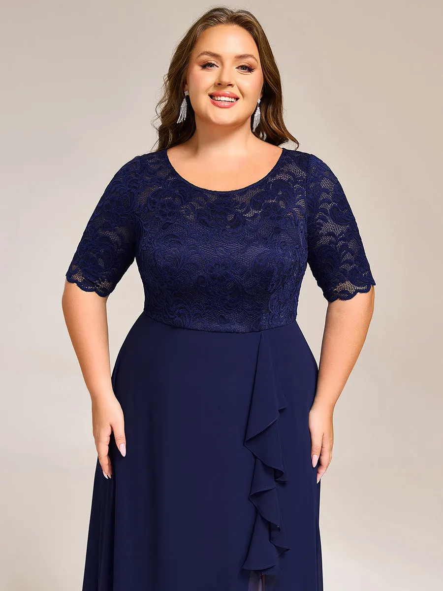 pretty NYLA|Plus Size Lace Top Short Sleeve A-Line Split Round Neck Formal Dress sold by Ever Pretty product image thumbnail 3