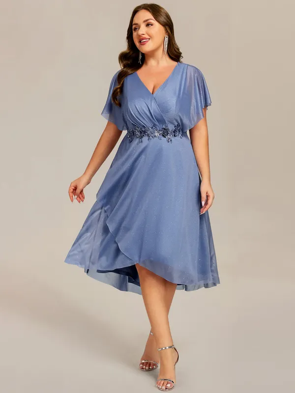 pretty DANNA|Plus Size Short Sleeve Asymmetrical Hem V-Neck Applique Wedding Guest Dress sold by Ever Pretty