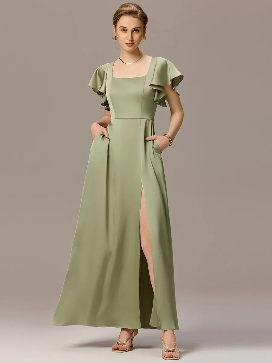 ever LIORIE|Satin Square Neck Short Sleeve Ruffled Maxi Bridesmaid Dress with Pockets sold by Ever Pretty