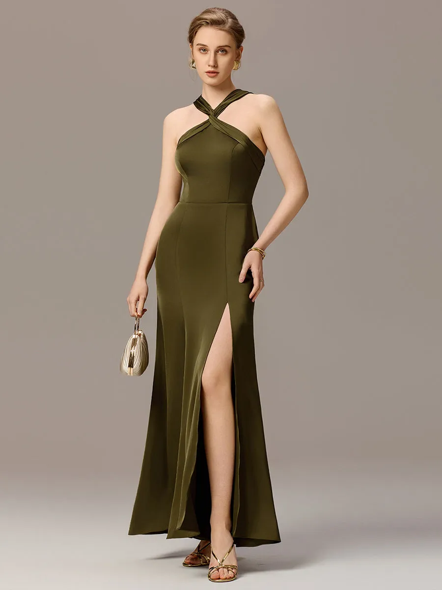 ever SELENE|Satin Cross Halter Sleeveless Maxi Bridesmaid Dress sold by Ever Pretty