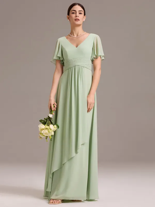 ever DAMIA|Chiffon Double V-Neck A-Line Ruffled Sleeves Bridesmaid Dress with Asymmetrical Hem sold by Ever Pretty