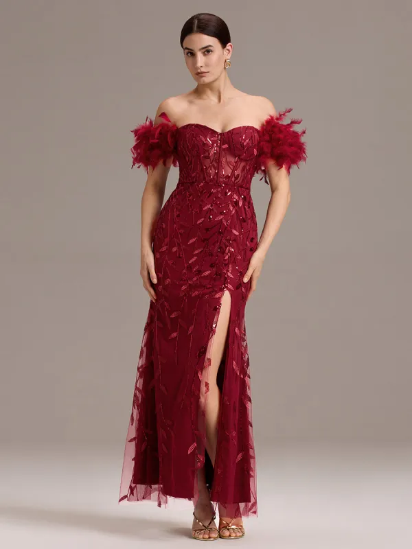 ever BELISSE|Off-Shoulder Feather Sleeve A-Line High Split Backless Sequin Formal Dress sold by Ever Pretty