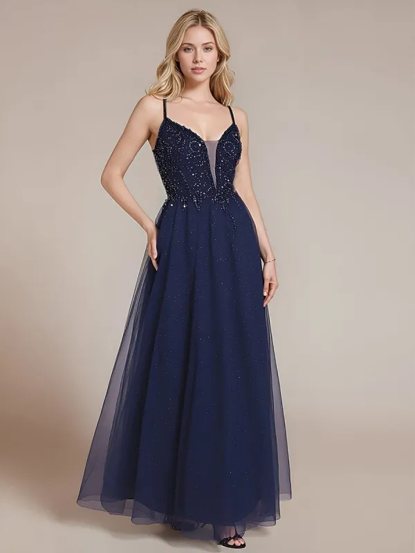 Lace-Up Mesh Sequin Formal Dress sold by Ever Pretty