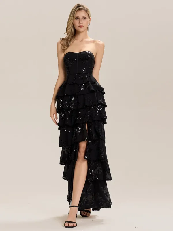 Sequin Tiered Strapless Formal Evening Dress with Slit sold by Ever Pretty