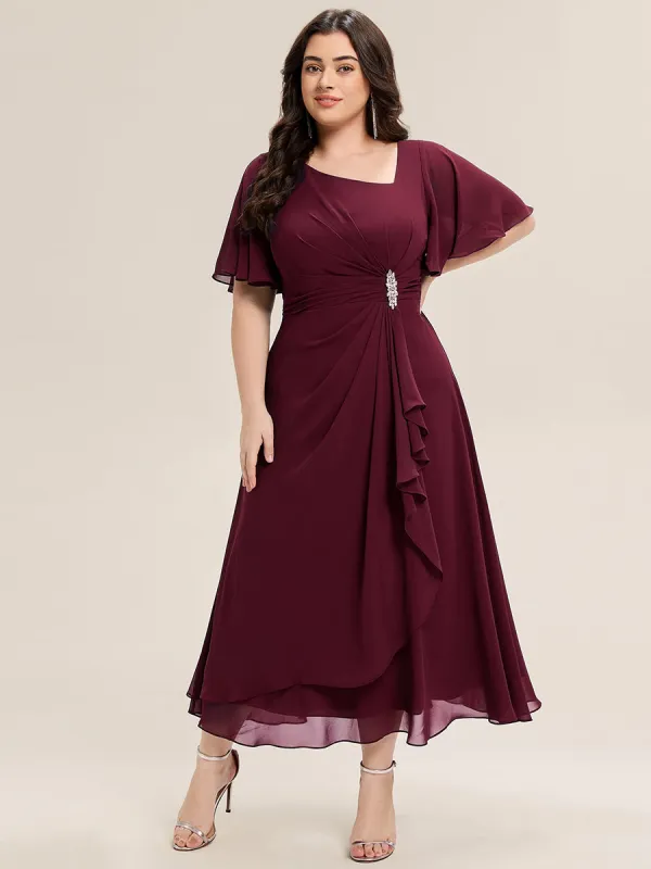 pretty LILOU| Plus Size Pleated Chiffon Ruffle Sleeve Midi Dress sold by Ever Pretty