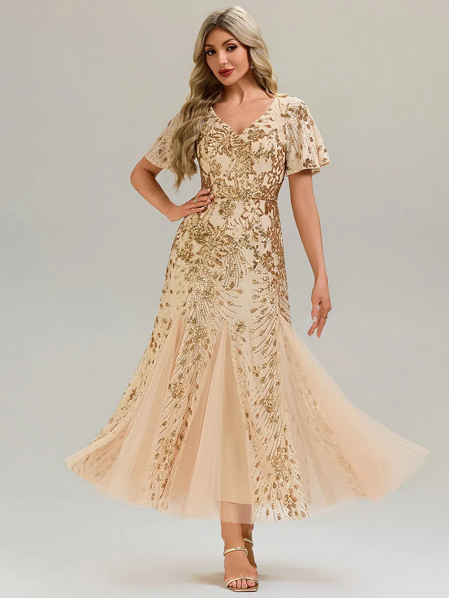 ever ANNIKA| Embroidered Sequin Ruffle Sleeve Evening Dress sold by Ever Pretty