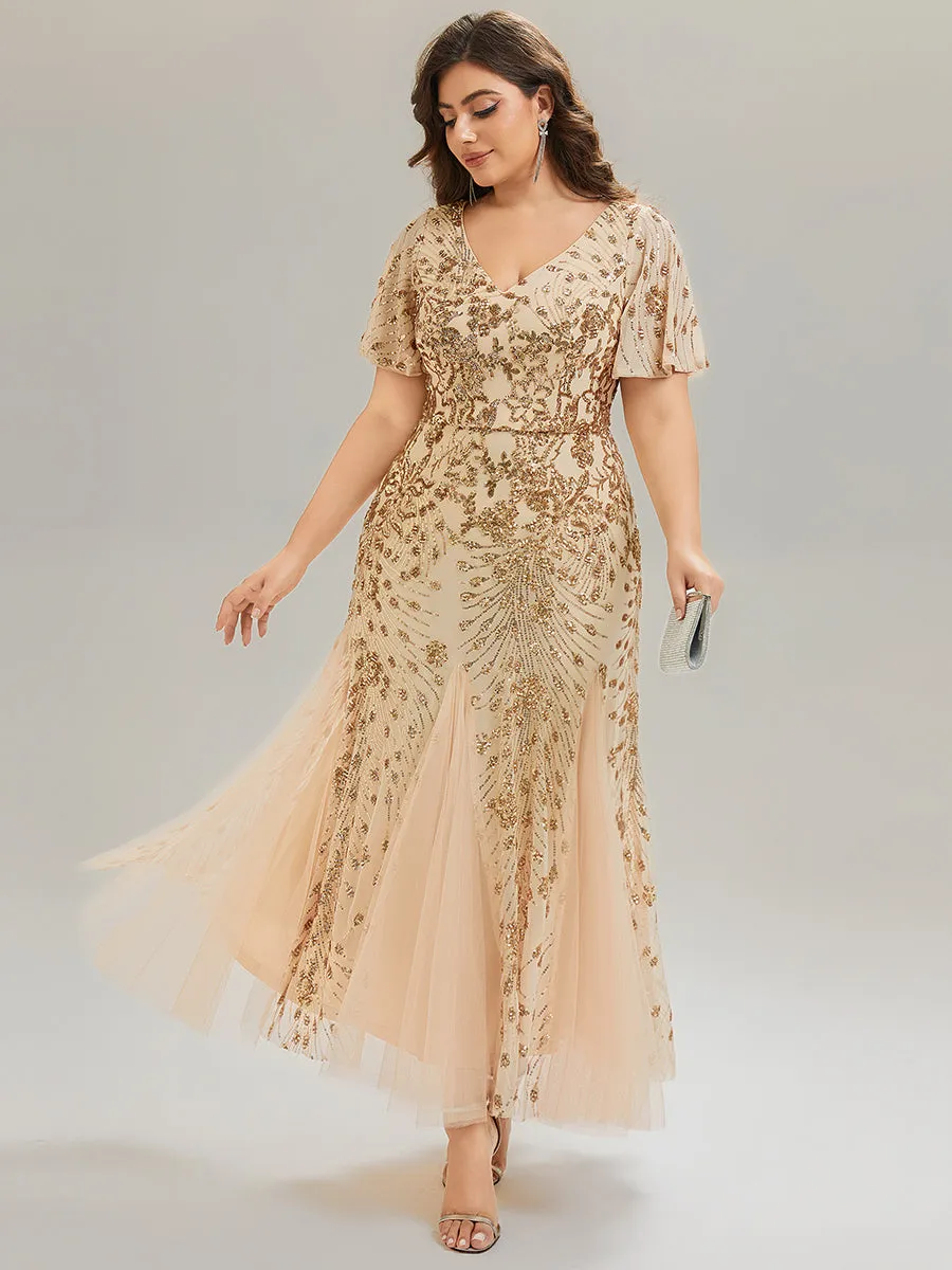 Plus Size Embroidered Sequin Ruffle Sleeve Formal Dress sold by Ever Pretty