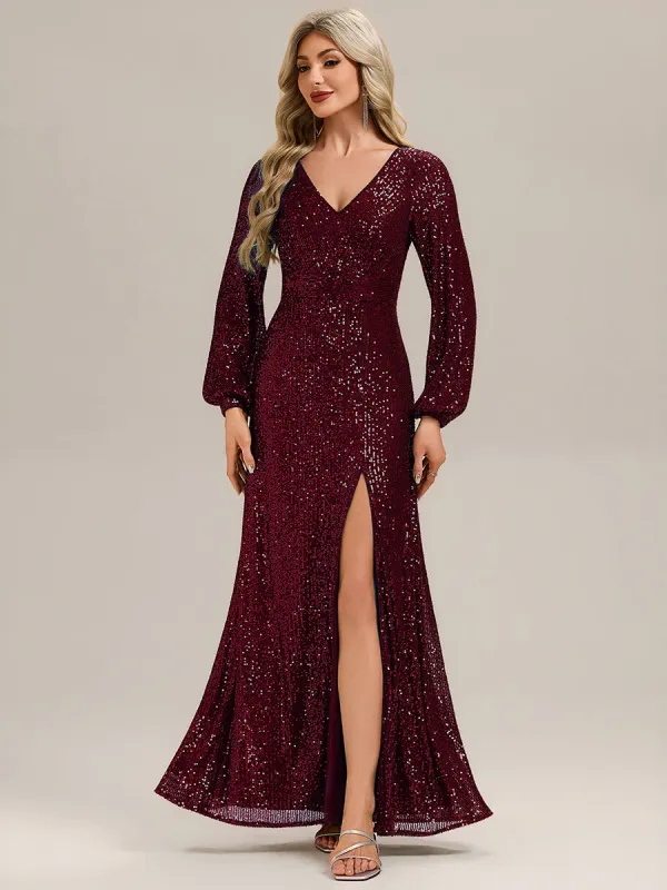 Deep V-Neck Sequin Lantern Sleeve Evening Dress sold by Ever Pretty