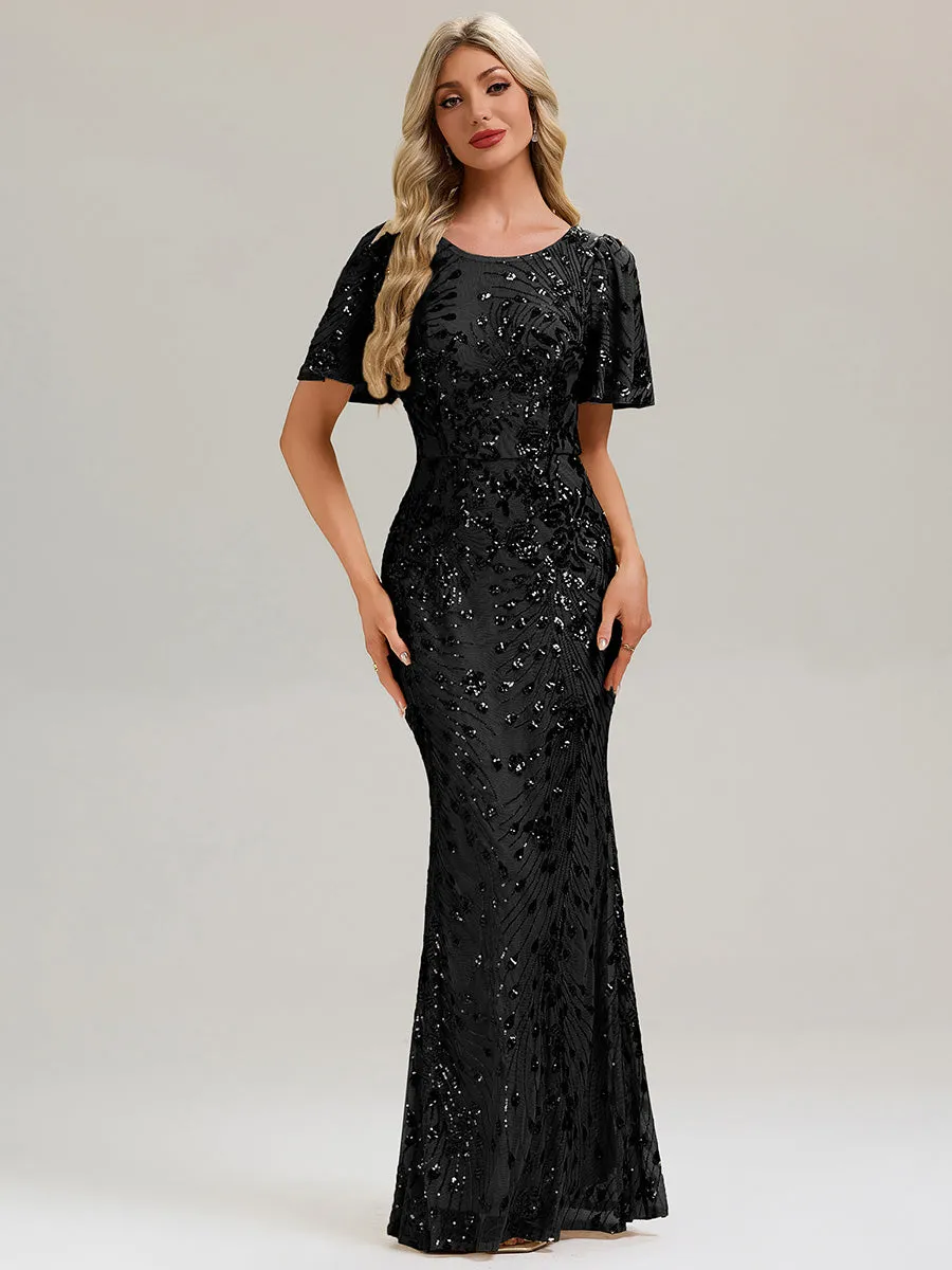 ever VIVIANE|Backless Sequin Ruffle Sleeve Evening Dress sold by Ever Pretty