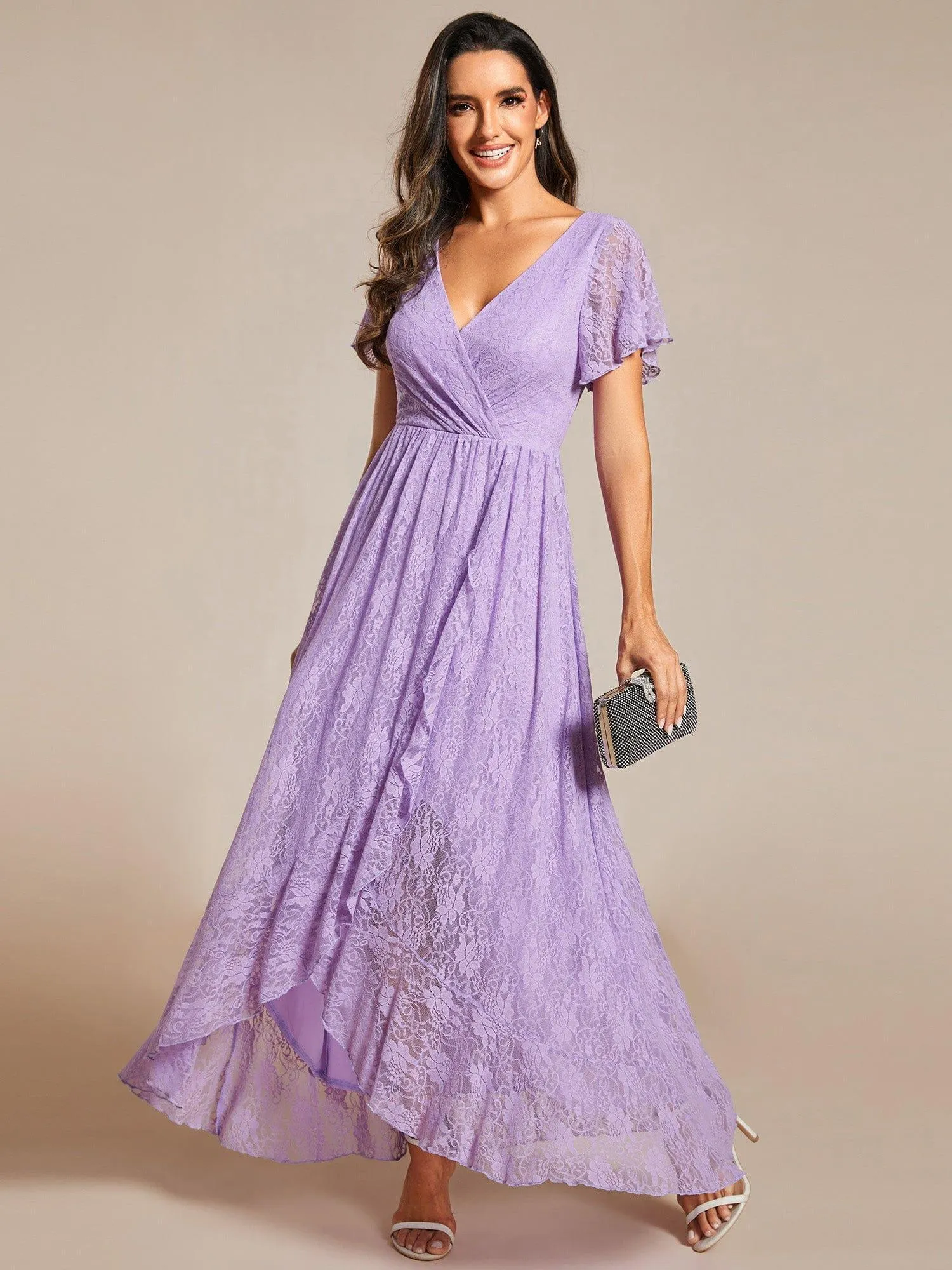 ever ELISE|High-Low V-Neck Ruffled Lace Wedding Guest Dress sold by Ever Pretty product image thumbnail 5
