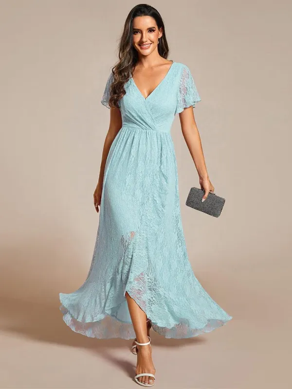 ever ELISE|High-Low V-Neck Ruffled Lace Wedding Guest Dress sold by Ever Pretty