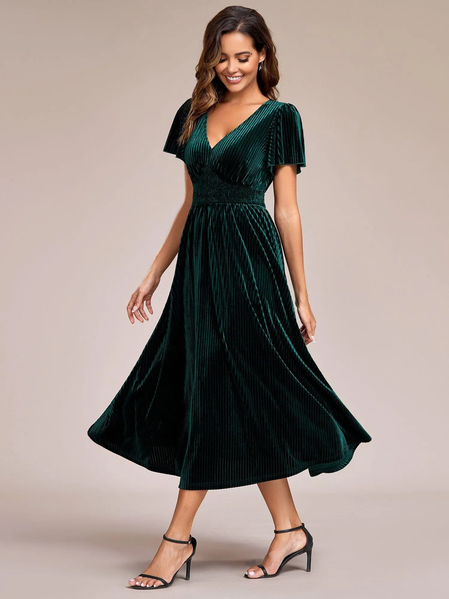 ever AZALEA|V-Neck Waist Pleated Design Short Sleeves Fall Velvet Midi Evening Dress sold by Ever Pretty product image thumbnail 4