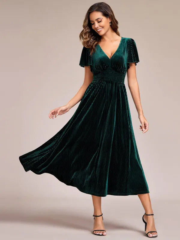 ever AZALEA|V-Neck Waist Pleated Design Short Sleeves Fall Velvet Midi Evening Dress sold by Ever Pretty