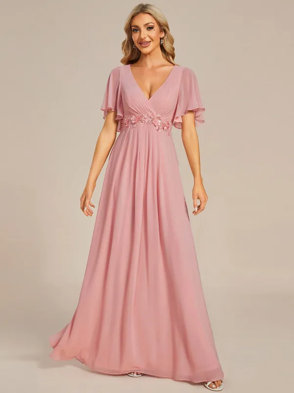 ever IVYROSE|Ruffles Sleeve A-Line Chiffon Waist Applique Maxi Wedding Guest Dress sold by Ever Pretty