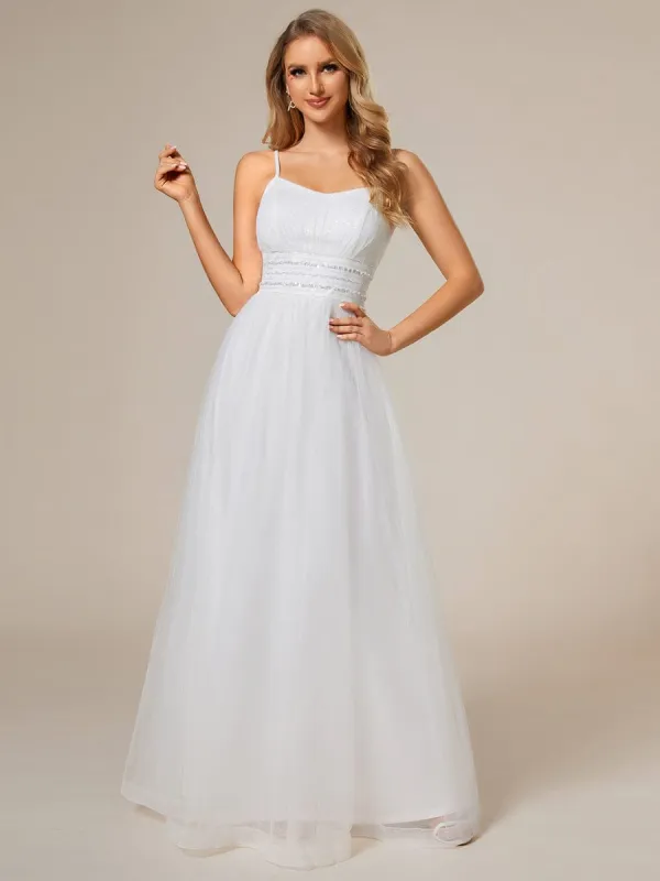 Classic Adjustable Spaghetti Strap Tulle Wedding Dress with Waist Paillette Chain sold by Ever Pretty
