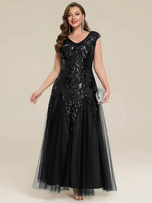 pretty FREYA|Plus Size V-Neck Sequin High Stretch Cap Sleeve Tulle Formal Dress sold by Ever Pretty