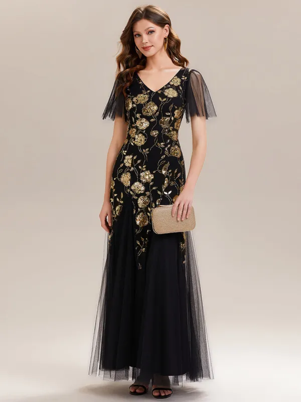 ever ORLA|Floral Embroidered Sequin Ruffle Sleeve Tulle Evening Dress sold by Ever Pretty
