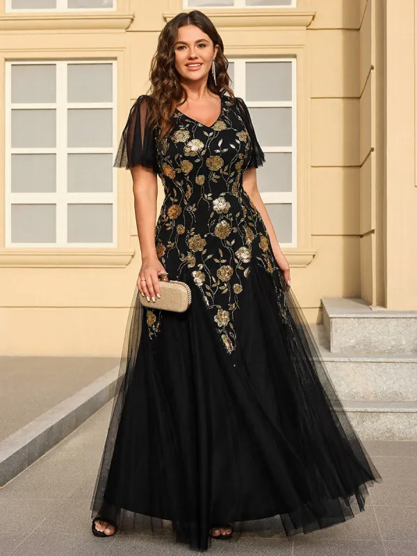 pretty ORLA|Plus Size Floral Embroidered Sequin Ruffle Sleeve Tulle Evening Dress sold by Ever Pretty