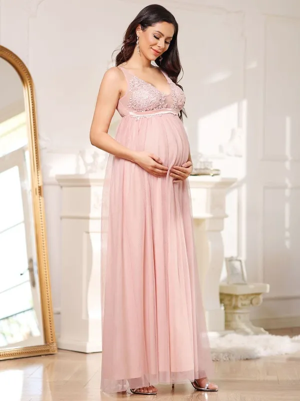 Double V-Neck Lace Bodice Long Flowy Maternity Dress sold by Ever Pretty