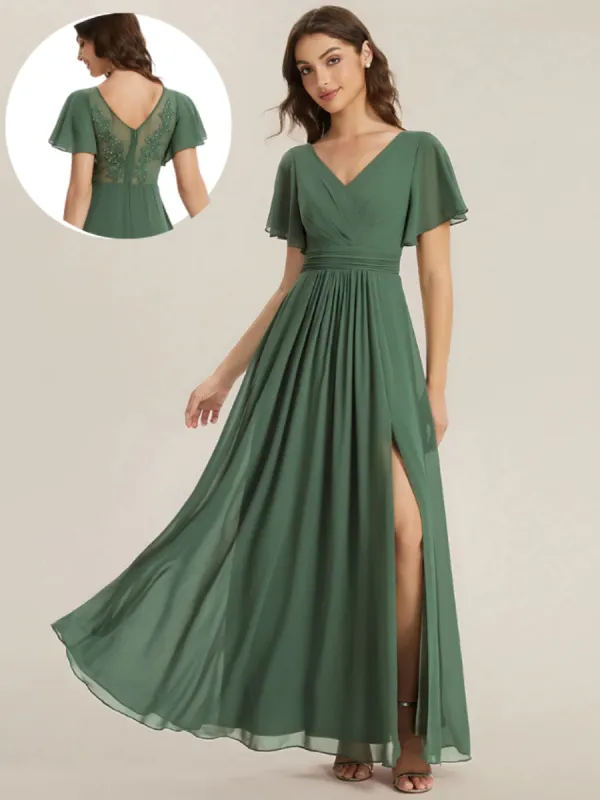ever JESSLYN|Chiffon Ruffle Sleeve Back Embroidered Bridesmaid Dress sold by Ever Pretty