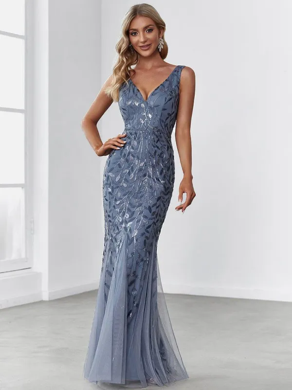 ever ORIEL|Leaf Sequin V-Neck Sleeveless Bridesmaid Dress with Tulle Hem sold by Ever Pretty