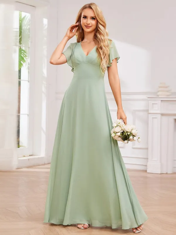 High-Waist Pleated V-Neck Bridesmaid Dress with Cross-Tie Back sold by Ever Pretty