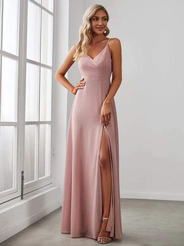 ever REN¨¦|Pleated V-Neck Spaghetti Strap High Slit Bridesmaid Dress sold by Ever Pretty