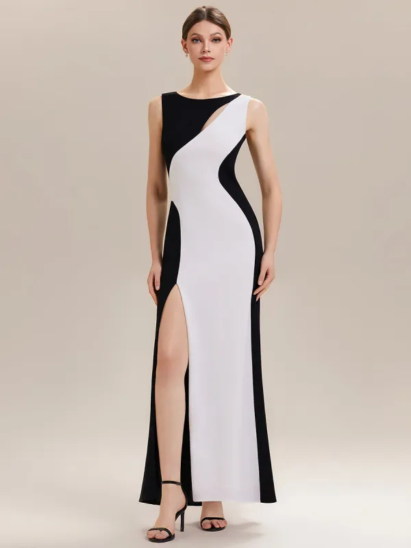 Black Tie Stretch Colorblock Sleeveless Maxi Dress with High Slit sold by Ever Pretty