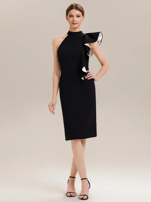 ever OBSIDIAN|Halter Sheath Ruffled Sleeveless Midi Wedding Guest Dress sold by Ever Pretty