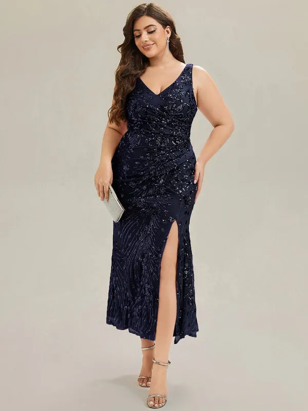 pretty JUNIPER|Plus Size Bodycon Sequin Slit Wedding Guest Dress made by Ever Pretty