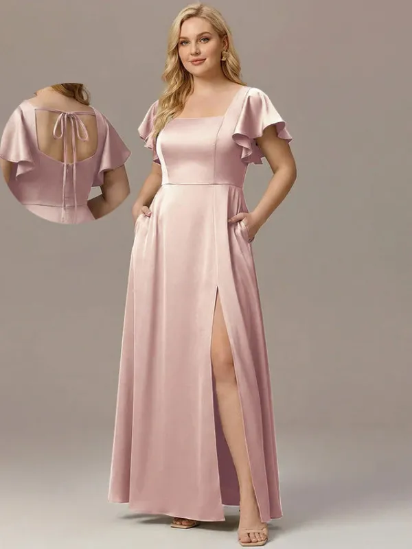 ever LIORIE|Plus Size Square Neck Flutter Sleeve Maxi Bridesmaid Dress with Pockets sold by Ever Pretty