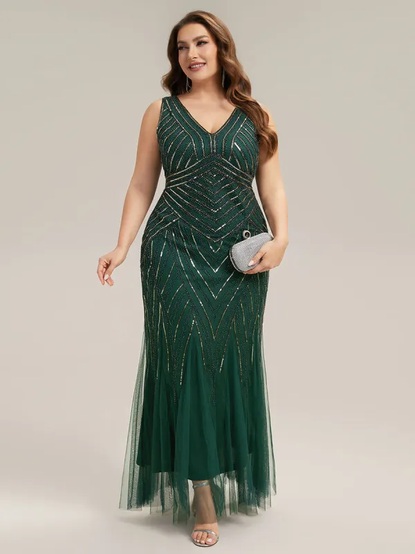 pretty GLAMOUR|Plus Size Deep V-Neck Bead Embroidery Evening Dress sold by Ever Pretty