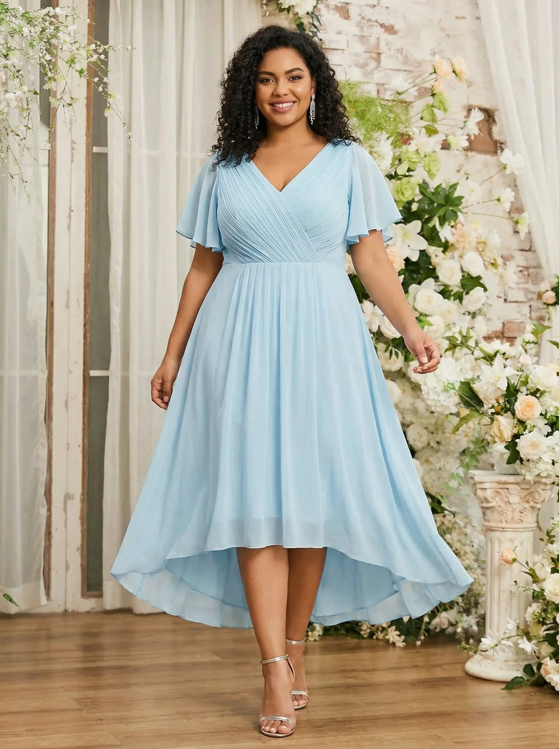 ever FAYE|Plus Size Pleated Midi Ruffles Sleeve Chiffon Bridesmaid Dress sold by Ever Pretty