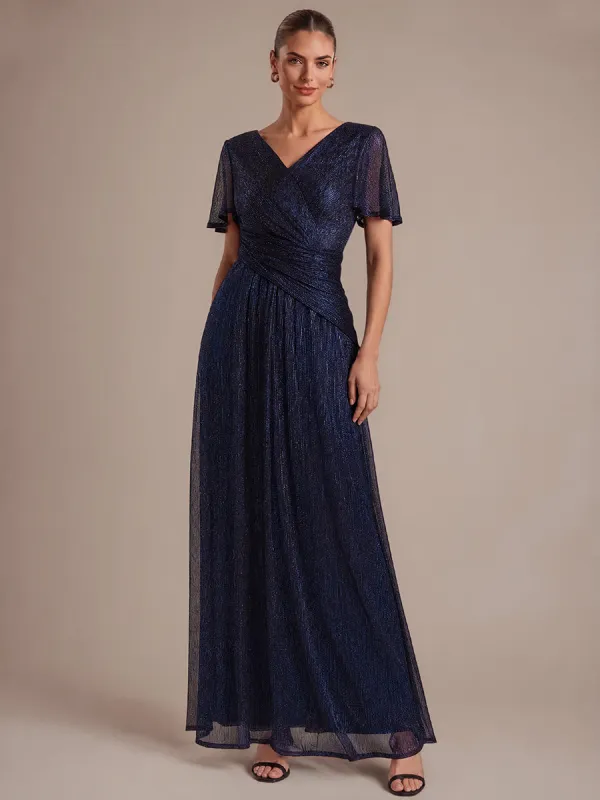 Pleating Lurex Tulle Shimmer Ruffle Sleeve Evening Dress made by Ever Pretty