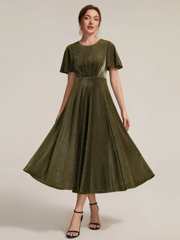 Knit Glitter Ruffles Sleeve A-Line Wedding Guest Dress made by Ever Pretty