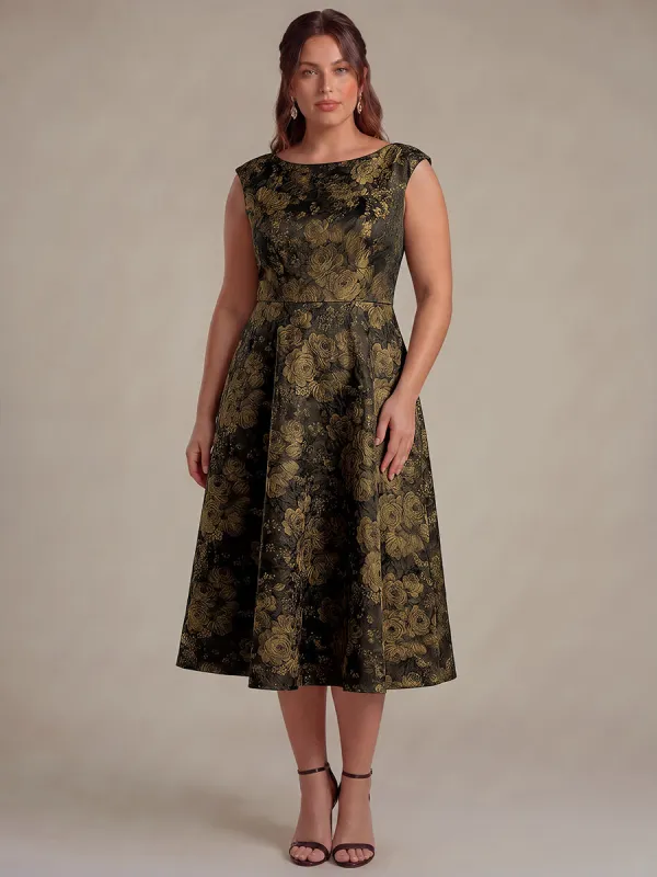 Plus Size Floral Jacquard Tea-Length A-Line Wedding Guest Dress made by Ever Pretty
