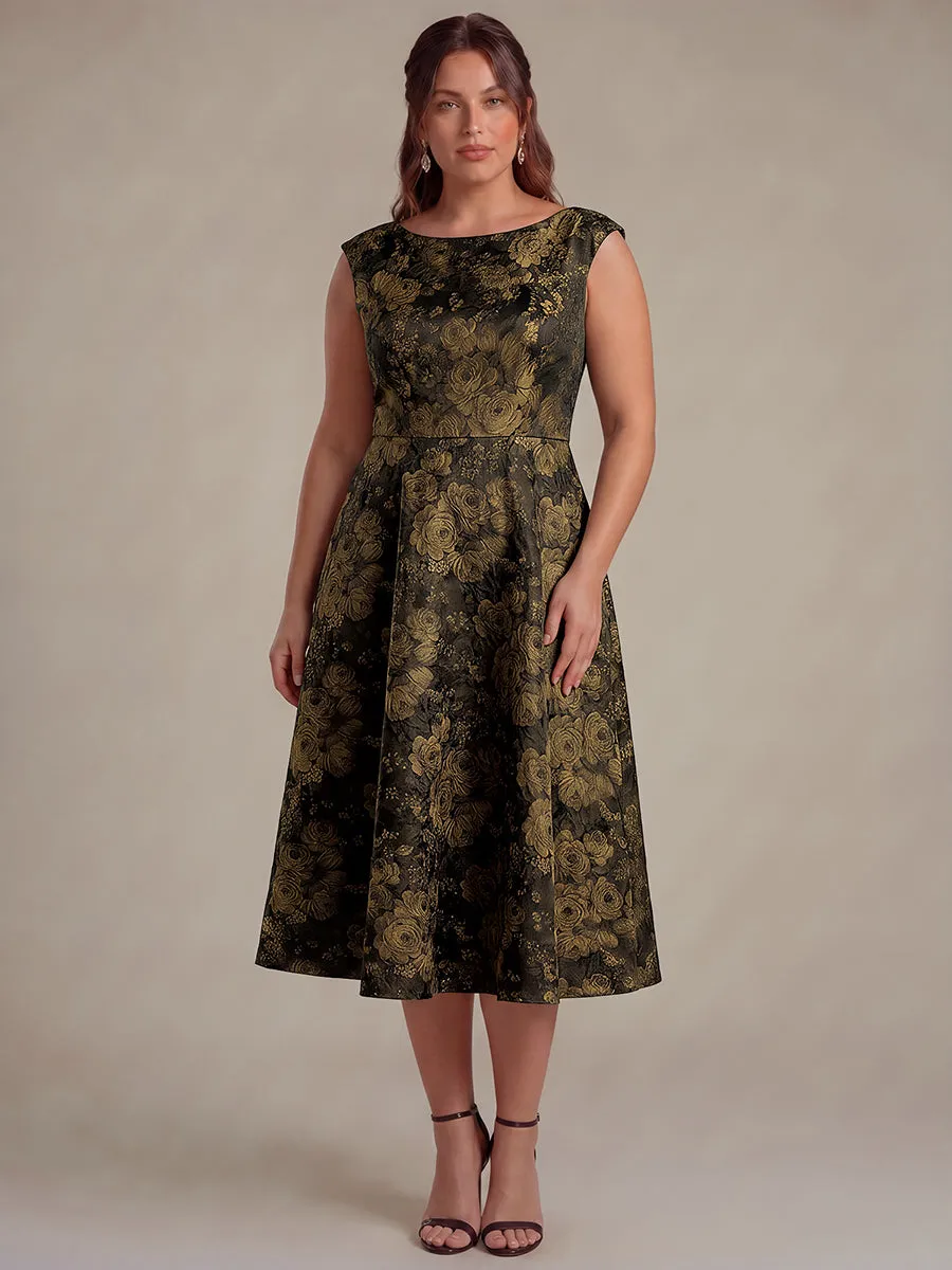 Plus Size Floral Jacquard Tea-Length A-Line Wedding Guest Dress sold by Ever Pretty