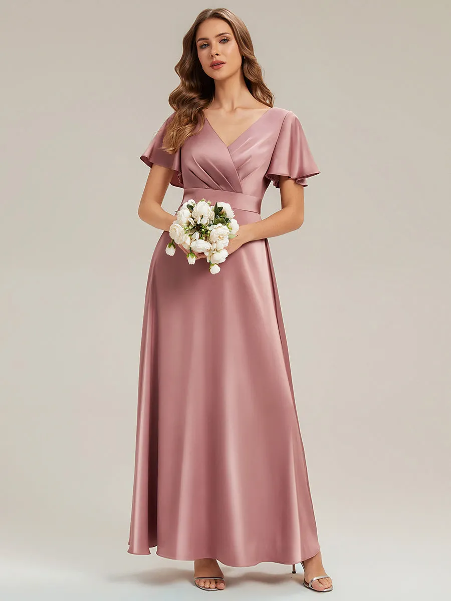 Gathered Satin Ruffle Sleeve Bridesmaid Dress sold by Ever Pretty